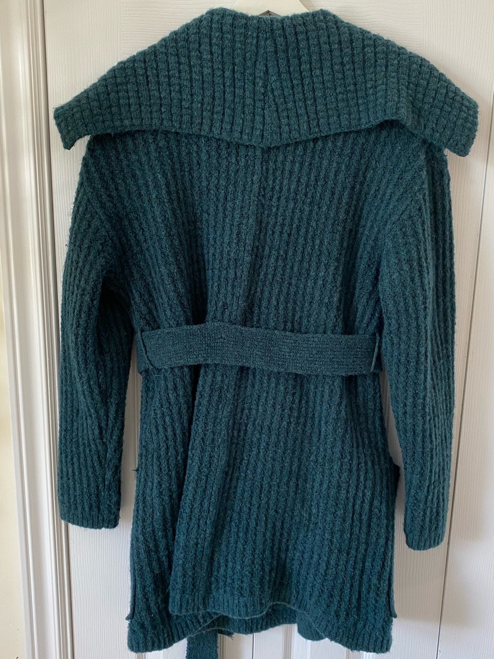 Free People Knit Belted Cardigan Coat Teal / Forest Green wood buttons Medium - Picture 2 of 16